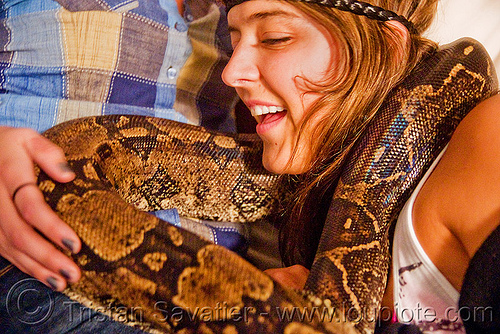 pet boa snake around eva's neck, boa constrictor, eva, pet snake, woman