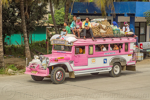 pink jeepney with passengers on roof (philippines), colorful, cordillera, jeepneys, passengers, pink, road, roof, sitting