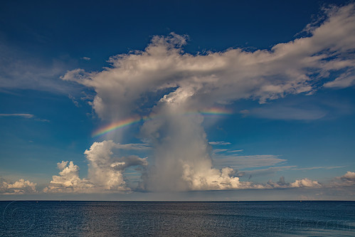 rainbow and cumulus clouds over the ocean, bira beach, clouds, horizon, landscape, ocean, pantai bira, rainbow, sea, seascape