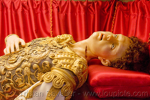 recumbent - wax sculpture of san severo dying - san francisco church (salta, argentina), argentina, baroque, church, cut, dead, dying, iglesia san francisco, martyr, noroeste argentino, realistic, red, sacred art, salta capital, san severino, san severo, sculpture, statue, throat, wax