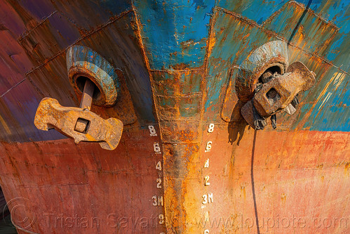 rusted bow with draft measure marks anchors and, boat, cargo ship, dock, harbor, merchant ship, surabaya