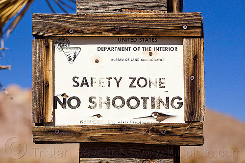 safety zone - no shooting - gun law, death valley, firearms, gun law, guns, no shooting, rhyolite ghost town, safety zone, sign