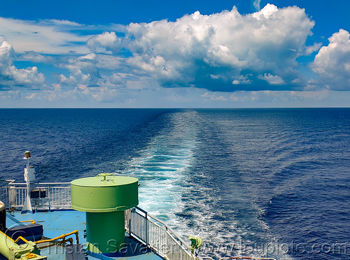 ship wake view from the ferry upper deck, deck, exterior, ferry, ferryboat, horizon, ocean, outside, sea, ship wake