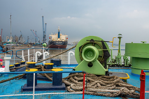 ship winch, mooring bollards and braided mooring ropes, boat, deck, dharma ferry, exterior, ferryboat, mooring bollards, rope, ship, surabaya, winch
