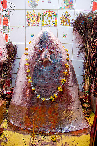 shrine to khandoba - mallanna - hindu deity, flower necklace, hindu deity, hindu god, hindu shrine, hinduism, hingu temple, khanderao, khanderaya, khandoba, mailar malanna, mailara linga, malhari martand, mallanna, mallu khan, mārtanda bhairava, offerings, peacock feathers, shiny, shiva linga, shiva lingam, shivling, statue