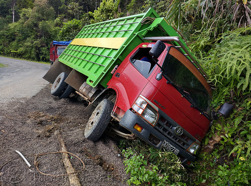 small truck in ditch - front view, ditch, lorry, mountain road, truck accident