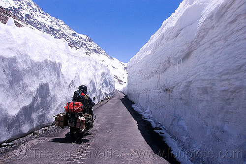snow walls - himalayas - manali to leh road (india), baralacha pass, baralachala, ben, ladakh, motorcycle touring, mountain pass, mountains, rider, riding, road, royal enfield bullet, snow walls