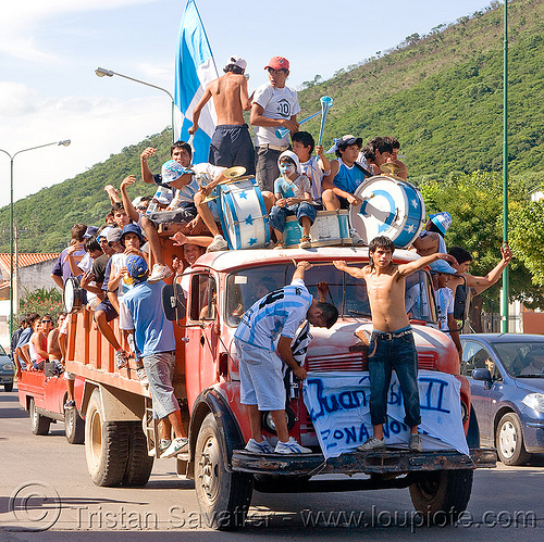 socker supporters on truck celebrate team victory, argentina, celebrating, lorry, men, noroeste argentino, salta, socker match, supporters, truck