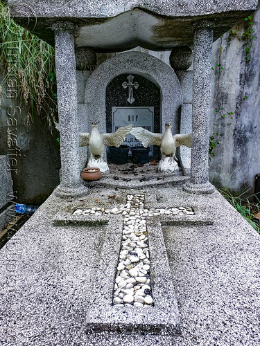 tomb with two doves in jogjakarta christian cemetery, birds, christian cross, doves, grave, graveyard, jogjakarta christian cemetery, sculptures, tomb, tpu utaralaya