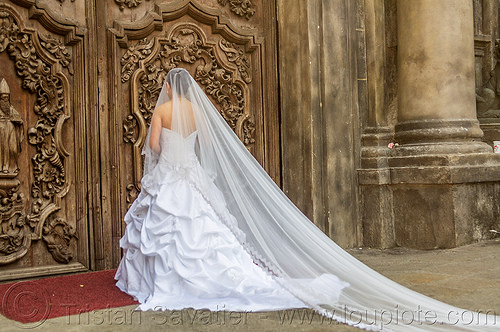 wedding dress with long veil - manila (philippines), bride, door, long veil, manila, san augustin church, wedding dress, white, woman