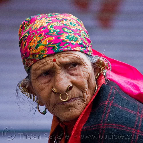 Old Hindu Woman with Ear and Nose Piercing - Gold Earrings Jewelry